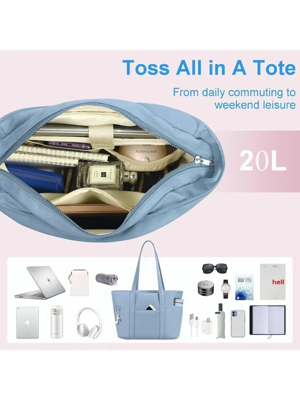 👜Women's Blue Nylon Large Tote Bag With Zipper 15.6 Laptop Sleeve Work Bag